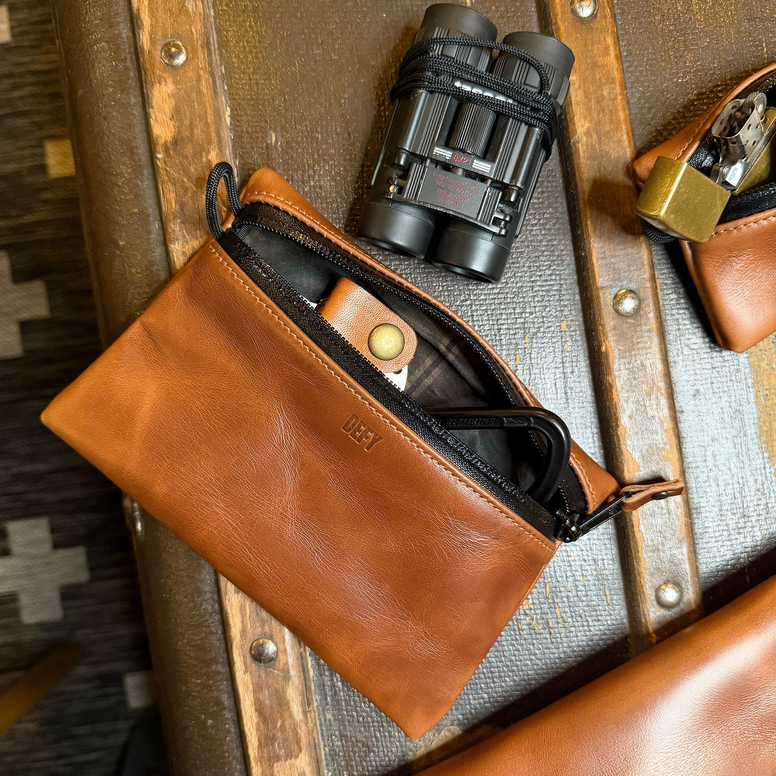 Ships in 2-4 Weeks: Project Horween Whiskey Cavalier Leather x TexWax™ Autumn Plaid Wax Canvas 3 Pouch Bundle - Image 7